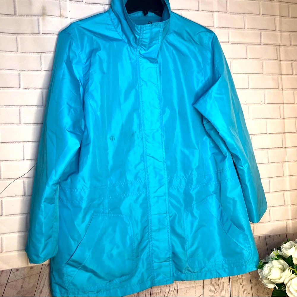 Appleseeds Jacket Womens Petite XL Sage Blue Full Zip Polyester Rain Coat